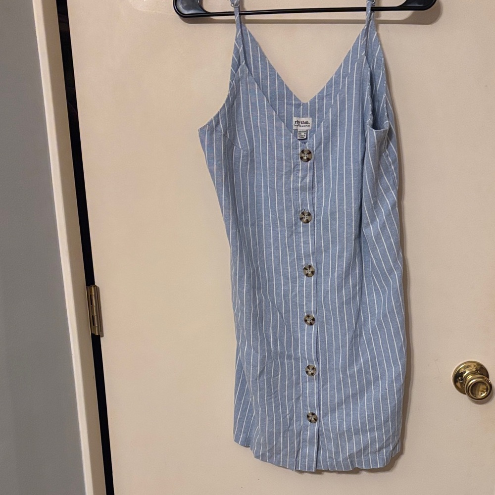 Rhythm. Blue and White Striped Mini Button-Front Dress